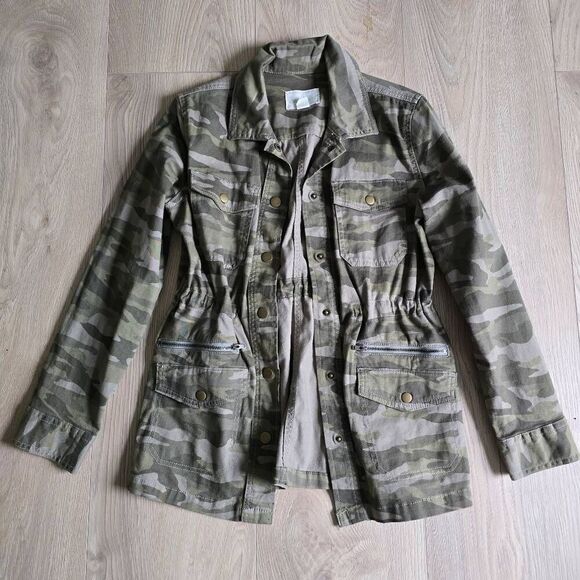 Caslon Utility Jacket Womens XS Green Camouflage Denim Snap Zip Pockets Stretch - Picture 1 of 7